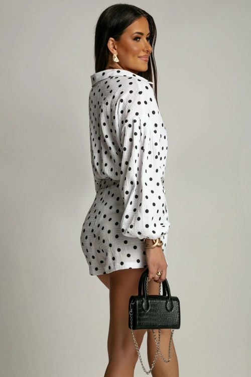 damski komplet muślinowy MOLLY La Balancia kropki grochy dots polska marka polski produkt hit sezonu koszula z długim rękawem zapinana na guziki spodenki summer chic girlly style casual comfy wear letni styl