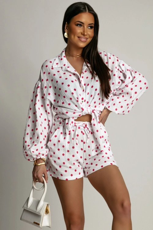 damski komplet muślinowy MOLLY La Balancia kropki grochy dots polska marka polski produkt hit sezonu koszula z długim rękawem zapinana na guziki spodenki summer chic girlly style casual comfy wear letni styl