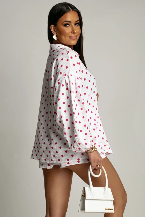 damski komplet muślinowy MOLLY La Balancia kropki grochy dots polska marka polski produkt hit sezonu koszula z długim rękawem zapinana na guziki spodenki summer chic girlly style casual comfy wear letni styl