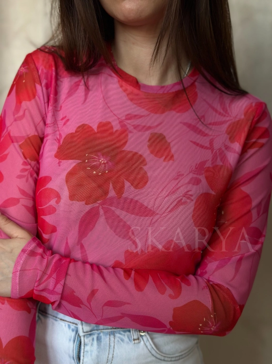 bluzka tiul długi rękaw blake capri la balancia wiskoza kwiecisty wzór odcienie różu modna elegancka casual chic romantyczny glamour smart casual włoski chic zmysłowa na co dzień wieczorne wyjścia eleganckie spotkania
